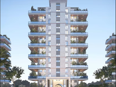 Modern High Rise Apartment Building With Balconies Greenery And Glass Facade Surrounded By Trees 3d model