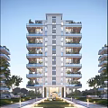 Modern High Rise Apartment Building With Balconies Greenery And Glass Facade Surrounded By Trees