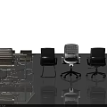 Modern Office Desk With Black Mesh Chairs Blue Cushion Seat And Wooden Frame Chairs