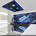 Modern Exhibition Hall Interior With White Display Stands Blue Boards And Glass Cases