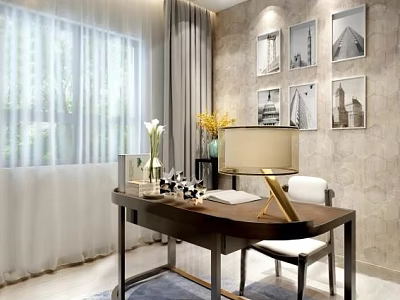 Modern Home Office Wooden Desk with Table Lamp Vase Wall Art Near Window Curtains 3d model