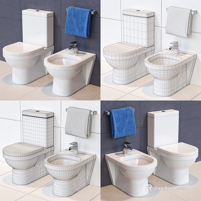 Toilet and Bidet in Modern Bathroom with Blue Towel on Wall and Tiled Floor 3d model 