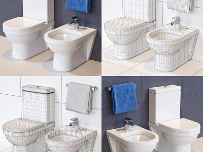 Toilet and Bidet in Modern Bathroom with Blue Towel on Wall and Tiled Floor 3d model