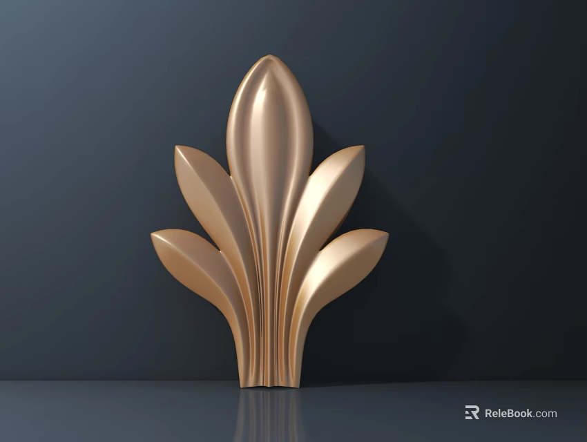 Golden Leaf Shaped Carved Decoration With Shiny Surface On Dark Background 3d model