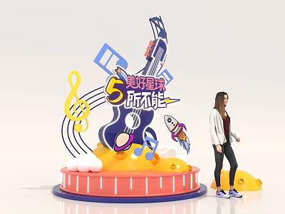 Music Theme Decoration With Guitar Music Notes And Girl Standing Beside 3d model