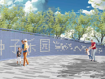 Blue Grid Patterned Building Exterior Wall With Families And Trees Under Blue Sky 3d model