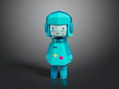 Blue Woman Figure With Headphones Yellow Cross And Pink Dot On Dress 3d model