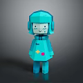 Blue Woman Figure With Headphones Yellow Cross And Pink Dot On Dress