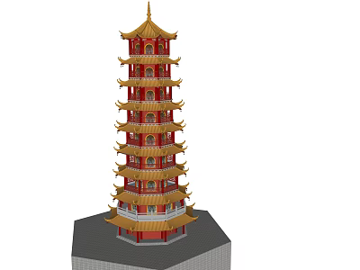 Traditional Chinese Red and Gold Pagoda with Multi Tiered Structure and Ornate Eaves 3d model