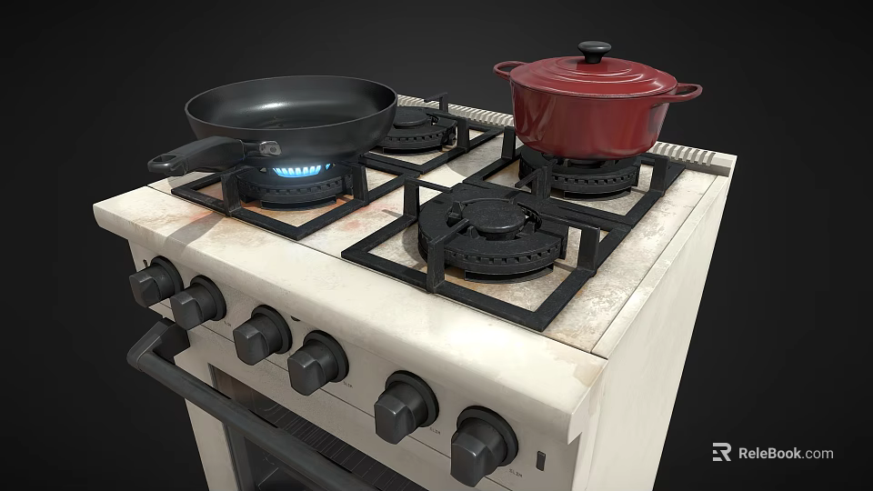 Modern Gas Stove Kitchen Appliance with Black Pan Red Pot and Control Knobs 3d model 