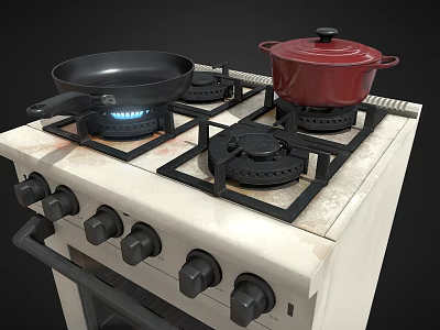 Modern Gas Stove Kitchen Appliance with Black Pan Red Pot and Control Knobs 3d model