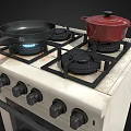 Modern Gas Stove Kitchen Appliance with Black Pan Red Pot and Control Knobs 3d model
