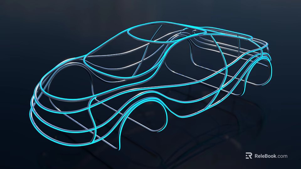 Illuminated Car Outline Model With Smooth Blue And Silver Lines On Dark Background 3d model 