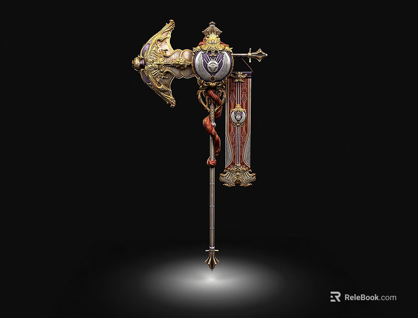 Gold Decorated Battle Axe With Ornate Carvings And Red Cloth Banner On Display Pedestal 3d model 
