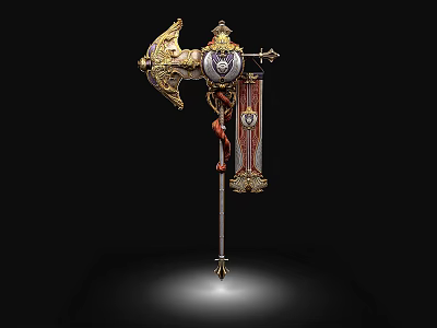 Gold Decorated Battle Axe With Ornate Carvings And Red Cloth Banner On Display Pedestal 3d model