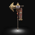 Gold Decorated Battle Axe With Ornate Carvings And Red Cloth Banner On Display Pedestal