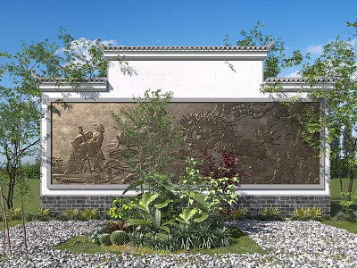 Courtyard Garden With White Wall Bronze Relief Green Plants Trees And Gravel Ground 3d model
