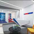 Modern INTERSPORT Reception Desk With Blue White Counter Yellow Chairs And Glass Coffee Table