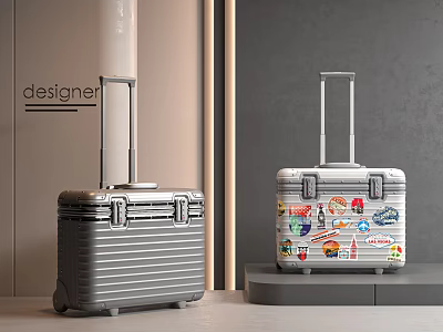 Modern Designer Suitcases With Metallic Gray Stripes And Colorful Decorative Stickers 3d model