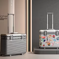 Modern Designer Suitcases With Metallic Gray Stripes And Colorful Decorative Stickers