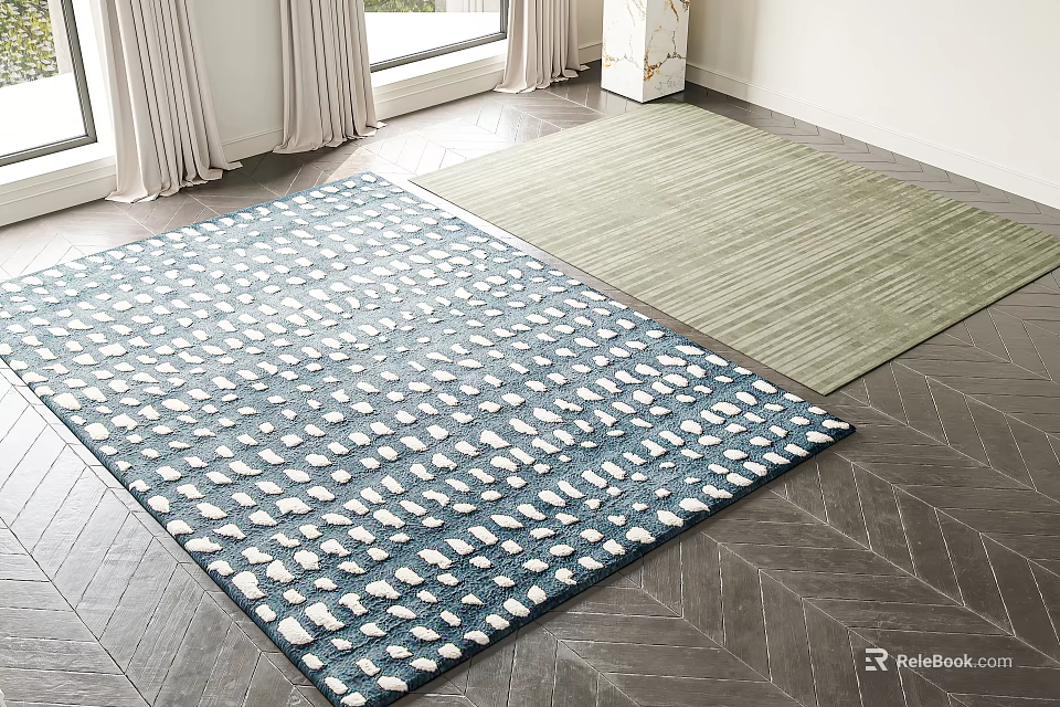 Blue And White Geometric Square Rugs With Light Green Striped Texture On Wooden Floor 3d model 