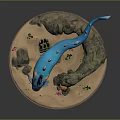Blue Aquatic Creature with Open Mouth Seaweed Rock and Pink Flowers on Sandy Base