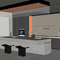 Modern Restaurant Interior With Open Kitchen Island Wooden Stools And Pendant Lighting