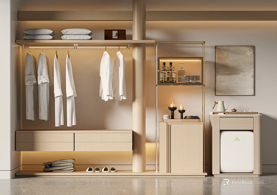 Modern Light Wooden Wardrobe With Hanging White Clothes Folded Towels And Open Storage Shelf 3d model 