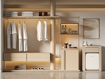 Modern Light Wooden Wardrobe With Hanging White Clothes Folded Towels And Open Storage Shelf 3d model