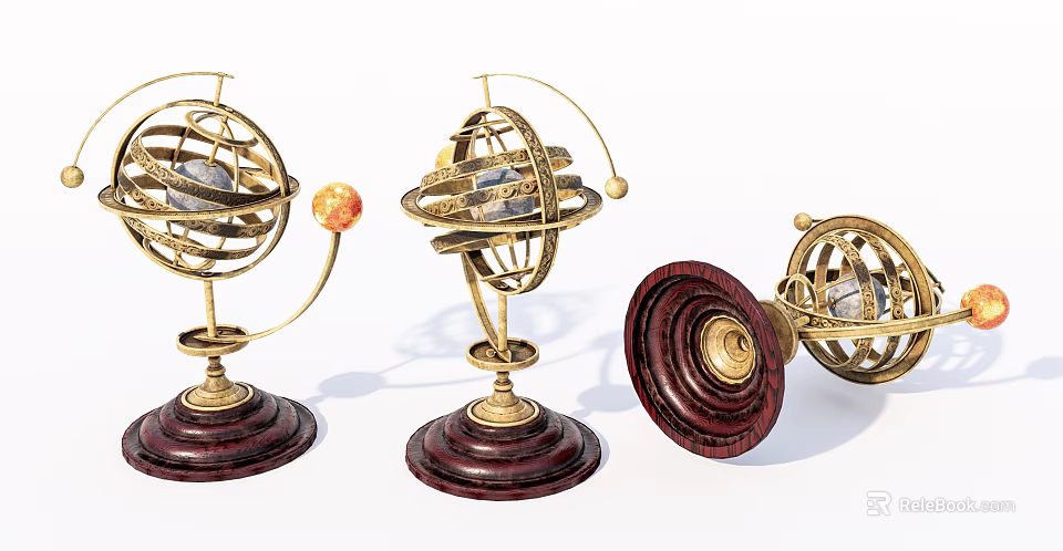 Decorative Ornament Set With Golden Metal Frame Dark Wooden Base And Spherical Structure 3d model 