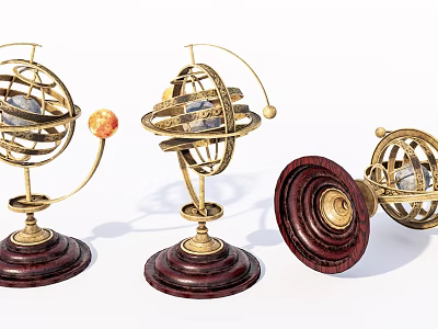 Decorative Ornament Set With Golden Metal Frame Dark Wooden Base And Spherical Structure 3d model