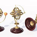 Decorative Ornament Set With Golden Metal Frame Dark Wooden Base And Spherical Structure