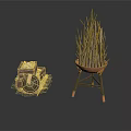 Rustic Wooden Crate With Wheels And Stick Filled Basket On Tripod Stand