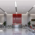 Modern Bank Lobby Interior With Red Background Sign Reception Desk Chairs And Plants