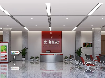 Modern Bank Lobby Interior With Red Background Sign Reception Desk Chairs And Plants 3d model