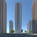 Modern High Rise Residential Buildings With Curved Balconies And Green Trees Against Blue Sky