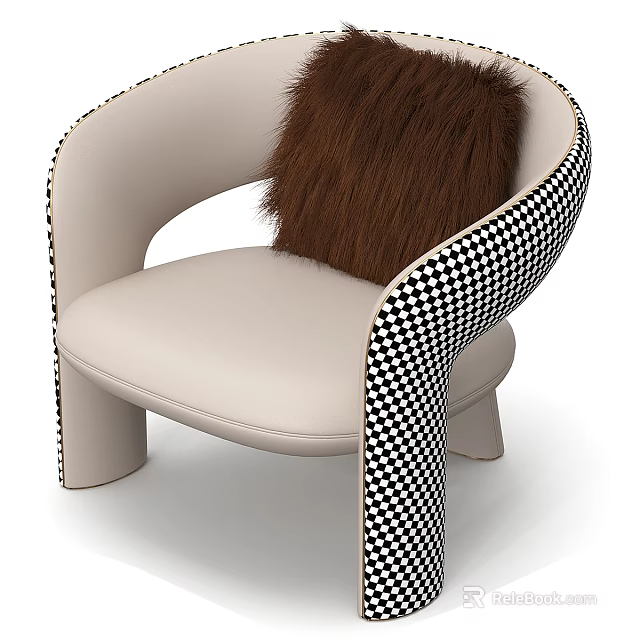 Stylish Single Sofa With Beige Seat Black And White Checkered Armrest And Brown Furry Pillow 3d model 