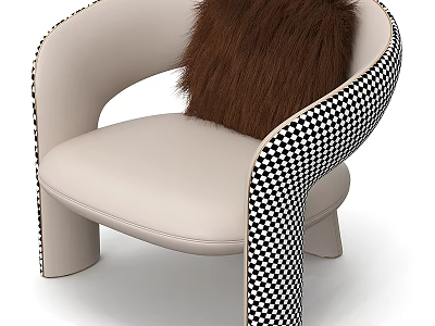 Stylish Single Sofa With Beige Seat Black And White Checkered Armrest And Brown Furry Pillow 3d model