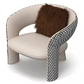 Stylish Single Sofa With Beige Seat Black And White Checkered Armrest And Brown Furry Pillow
