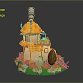 Cartoon Scene With Tower House Orange Roof Windmill Green Grass And Stones