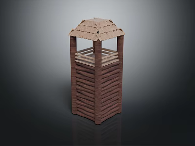 Rustic Slatted Wooden Tower with Hexagonal Structure and Layered Roof Design 3d model