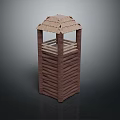 Rustic Slatted Wooden Tower with Hexagonal Structure and Layered Roof Design