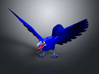 Blue Bird 3D Model With Spread Wings Open Beak Yellow Eyes Gray Gradient Background 3d model