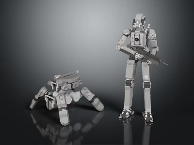 Smart Machines Featuring Standing Robot With Weapon And Mechanical Spider Design 3d model