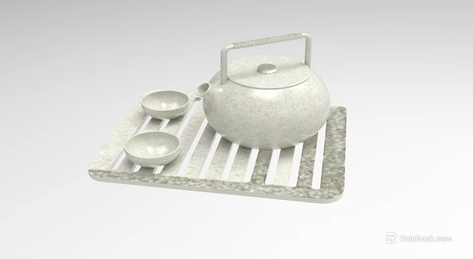 Minimalist Teapot With Two Small Cups On Striped Tray Matte Finish 3d model 