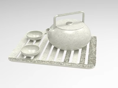 Minimalist Teapot With Two Small Cups On Striped Tray Matte Finish 3d model