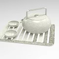 Minimalist Teapot With Two Small Cups On Striped Tray Matte Finish