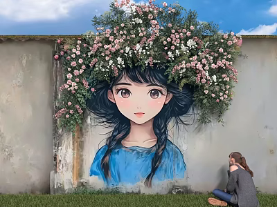 Artistic Wall With Girl Mural And Pink White Flowers Featuring Blue Dress And Person Kneeling 3d model