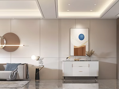 Modern Living and Dining Room Interior Design With Sofa Decorative Artwork Side Table And Cabinet 3d model