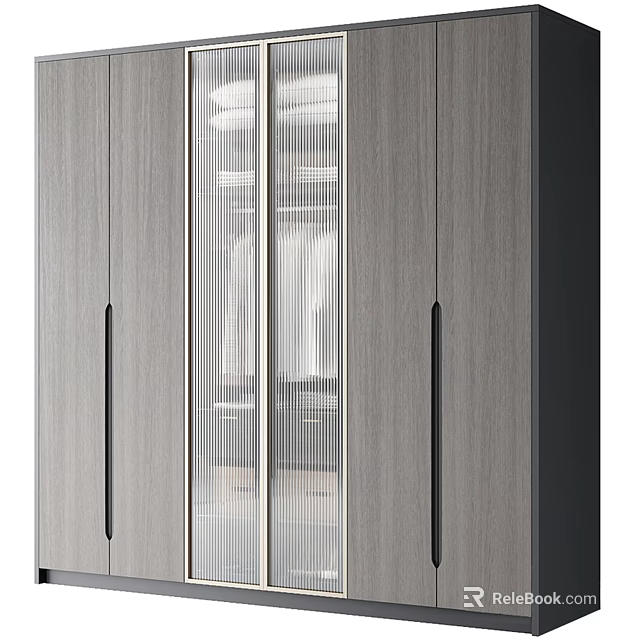 Modern Wooden Wardrobe With Striped Glass Door And Black Handles Interior Design 3d model 